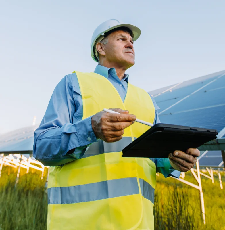 An Asset performance supervisor in a yellow vest
                  holding a clipboard
